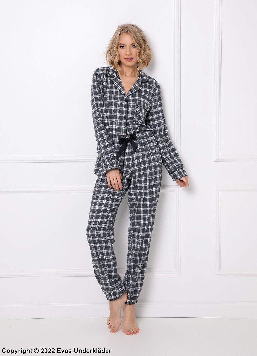 Pyjamas med top och byxa, långa ärmar, ficka och rosett, rutmönster